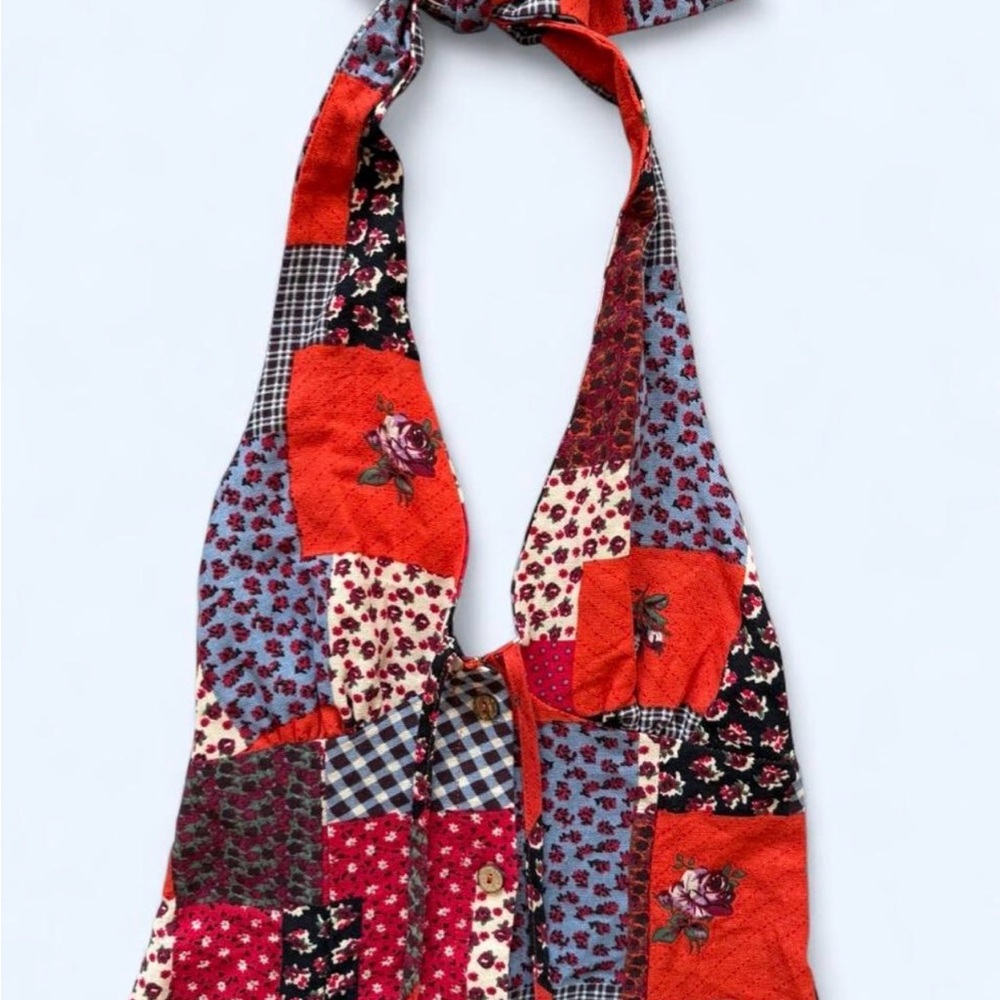 Cider Patchwork Cotton Button Down Halter Midi Dr… - image 4